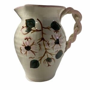 Nichols Pottery Pitcher With Braided Handle Pink Flowers 6.5 Inch Made in USA